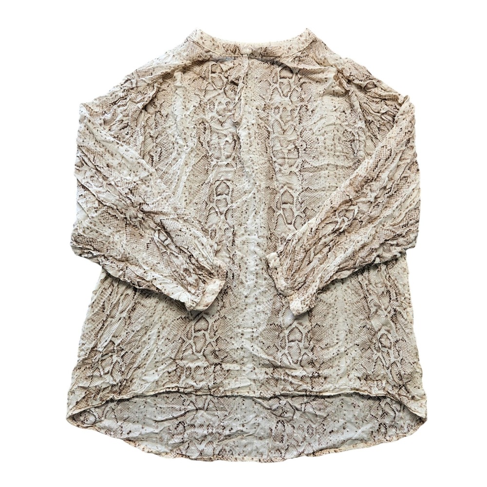 1775 Womens Snakeskin Print Clip Dot Rayon Blouse Split V-Neck Beige Brown M